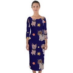 Terrier Cute Dog With Stars Sun And Moon Quarter Sleeve Midi Bodycon Dress by SychEva