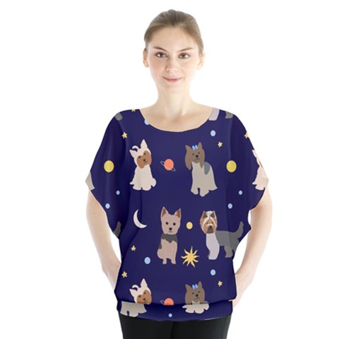 Terrier Cute Dog With Stars Sun And Moon Batwing Chiffon Blouse by SychEva