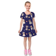 Terrier Cute Dog With Stars Sun And Moon Kids  Short Sleeve Velvet Dress by SychEva