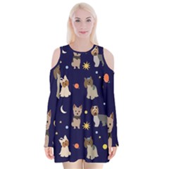 Terrier Cute Dog With Stars Sun And Moon Velvet Long Sleeve Shoulder Cutout Dress by SychEva