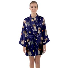 Terrier Cute Dog With Stars Sun And Moon Long Sleeve Satin Kimono by SychEva