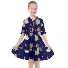 Terrier Cute Dog With Stars Sun And Moon Kids  All Frills Chiffon Dress by SychEva