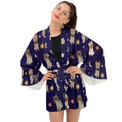 Terrier Cute Dog With Stars Sun And Moon Long Sleeve Kimono by SychEva