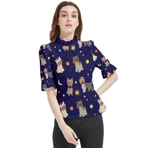 Terrier Cute Dog With Stars Sun And Moon Frill Neck Blouse by SychEva