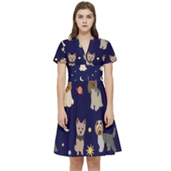 Terrier Cute Dog With Stars Sun And Moon Short Sleeve Waist Detail Dress by SychEva