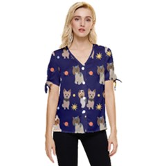 Terrier Cute Dog With Stars Sun And Moon Bow Sleeve Button Up Top by SychEva