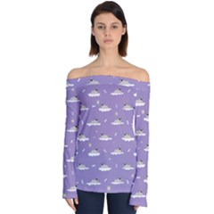 Pug Dog On A Cloud Off Shoulder Long Sleeve Top by SychEva