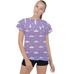 Pug Dog On A Cloud Ruffle Collar Chiffon Blouse