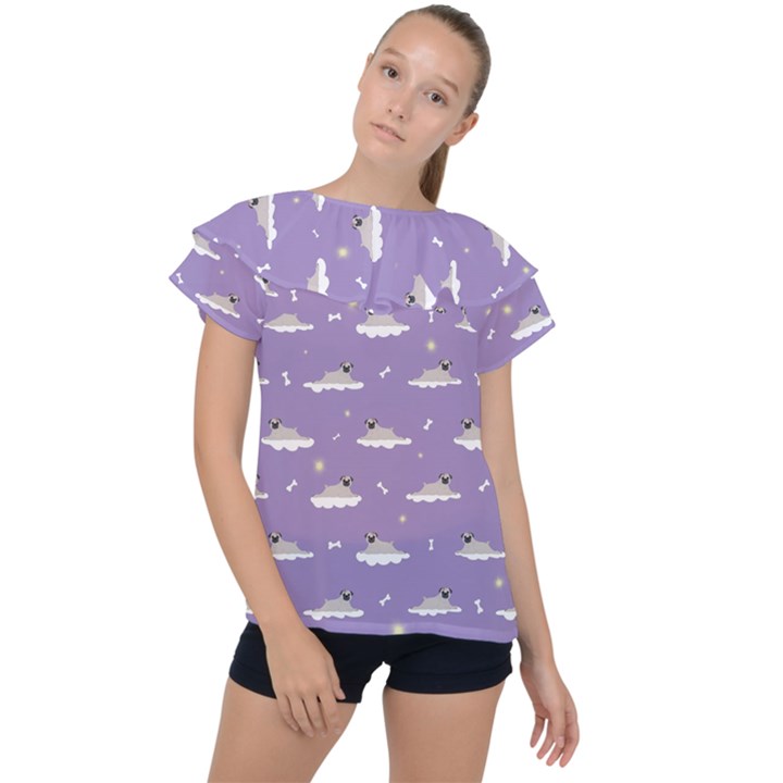 pug dog on a cloud Ruffle Collar Chiffon Blouse