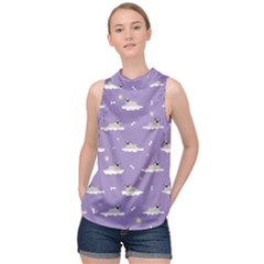 Pug Dog On A Cloud High Neck Satin Top by SychEva