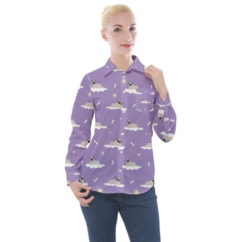 Pug Dog On A Cloud Women s Long Sleeve Pocket Shirt by SychEva