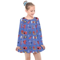 Blue 50s Kids  Long Sleeve Dress