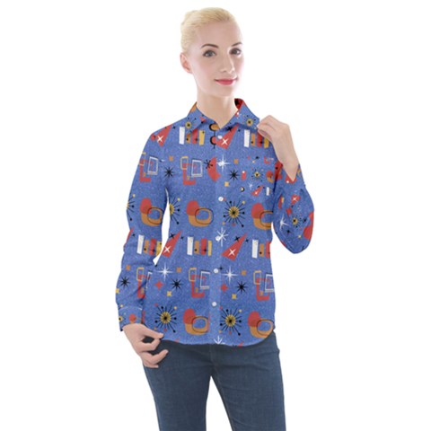 Blue 50s Women s Long Sleeve Pocket Shirt by NerdySparkleGoth