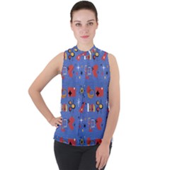 Blue 50s Mock Neck Chiffon Sleeveless Top