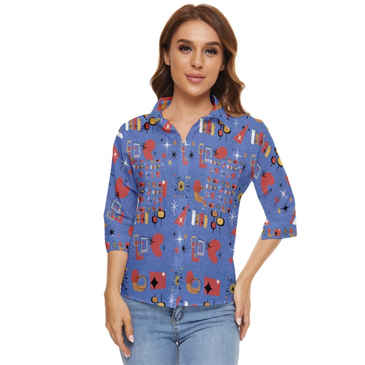 Blue 50s Women s Quarter Sleeve Pocket Shirt