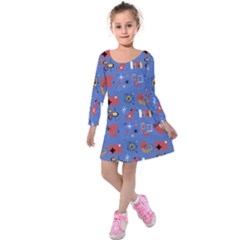 Blue 50s Kids  Long Sleeve Velvet Dress