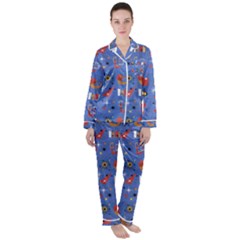 Blue 50s Satin Long Sleeve Pajamas Set