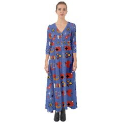 Blue 50s Button Up Boho Maxi Dress