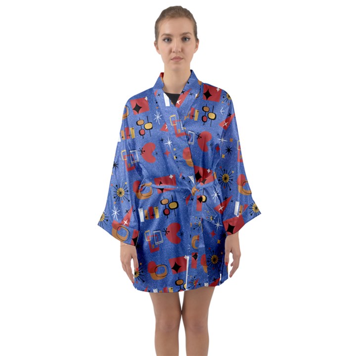 Blue 50s Long Sleeve Satin Kimono