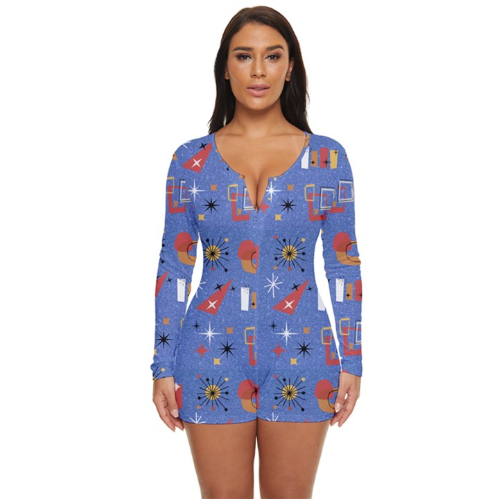 Blue 50s Long Sleeve Boyleg Swimsuit