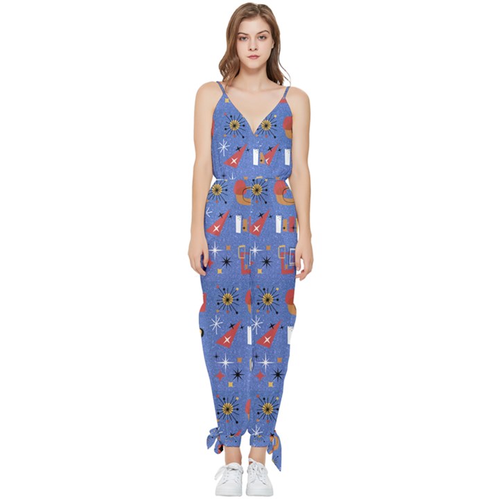 Blue 50s Sleeveless Tie Ankle Jumpsuit