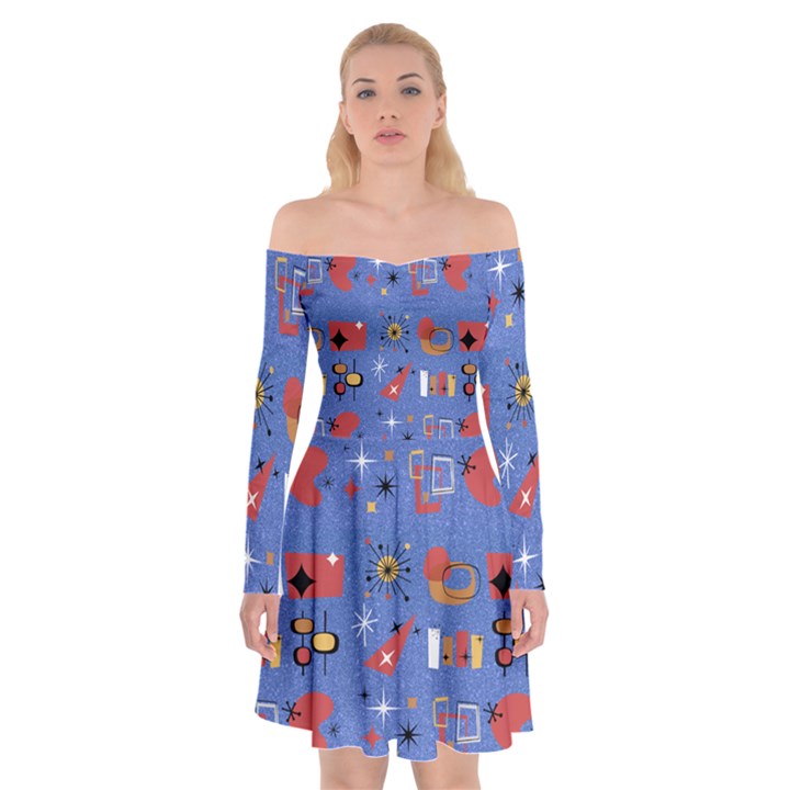 Blue 50s Off Shoulder Skater Dress