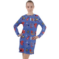 Blue 50s Long Sleeve Hoodie Dress