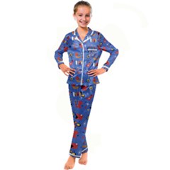 Blue 50s Kid s Satin Long Sleeve Pajamas Set