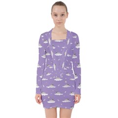 Cheerful Pugs Lie In The Clouds V-neck Bodycon Long Sleeve Dress by SychEva