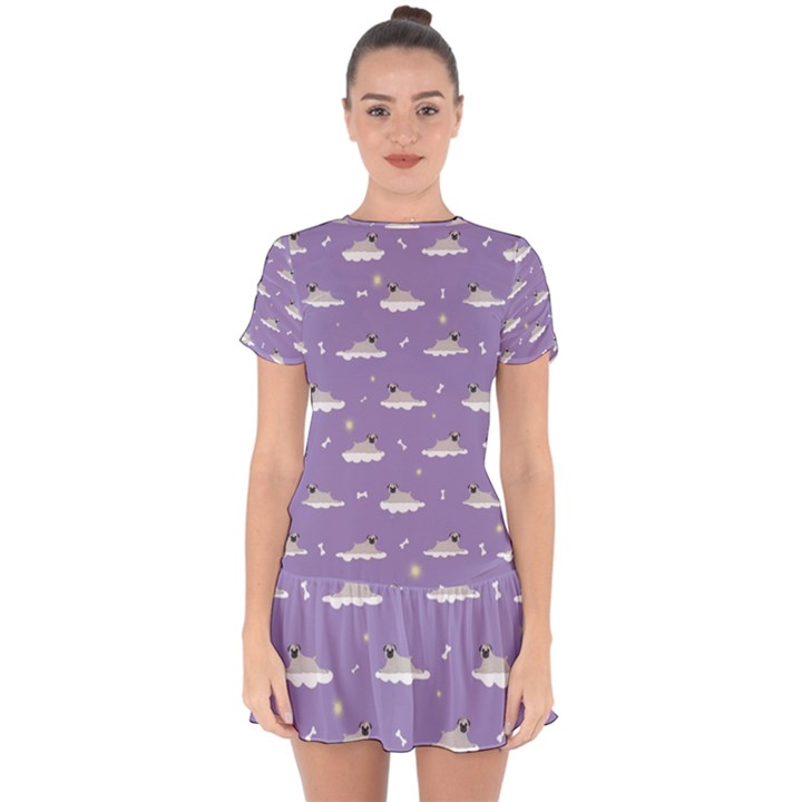 Cheerful Pugs Lie In The Clouds Drop Hem Mini Chiffon Dress