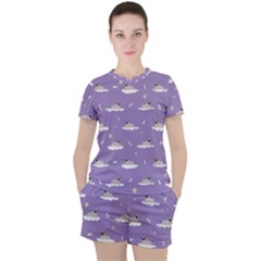 Cheerful Pugs Lie In The Clouds Women s Tee and Shorts Set