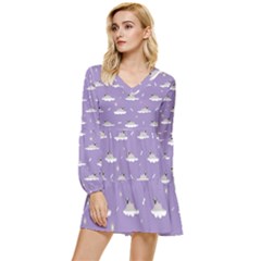 Cheerful Pugs Lie In The Clouds Tiered Long Sleeve Mini Dress by SychEva