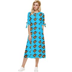 Monarch Butterfly Print Bow Sleeve Chiffon Midi Dress by Kritter