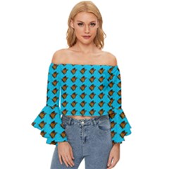 Monarch Butterfly Print Off Shoulder Flutter Bell Sleeve Top by Kritter