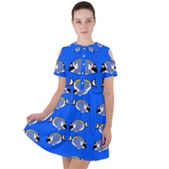 Powder Blue Tang Print Short Sleeve Shoulder Cut Out Dress  by Kritter