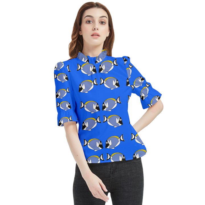 Powder Blue Tang Print Frill Neck Blouse