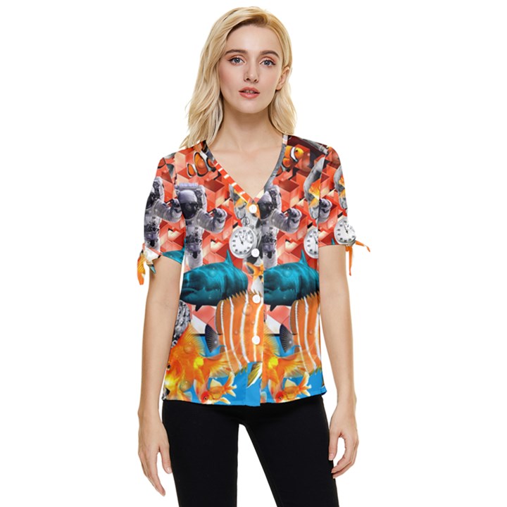 Point Of Entry Bow Sleeve Button Up Top