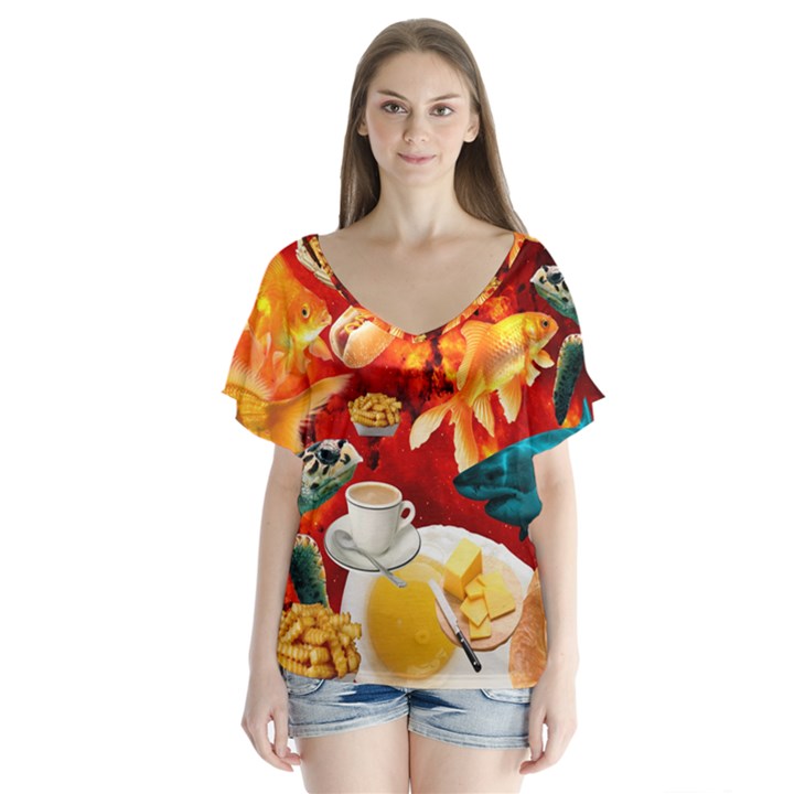 Through Space And Time 4 V-Neck Flutter Sleeve Top