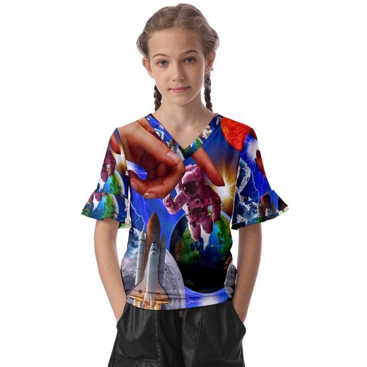 Riding The Storm Out 2 Kids  V-Neck Horn Sleeve Blouse