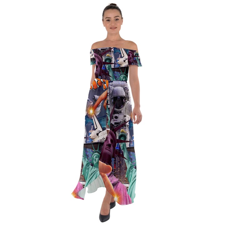 Journey Through Time NYC Off Shoulder Open Front Chiffon Dress