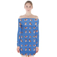 Cute Corgi Dogs Long Sleeve Off Shoulder Dress by SychEva