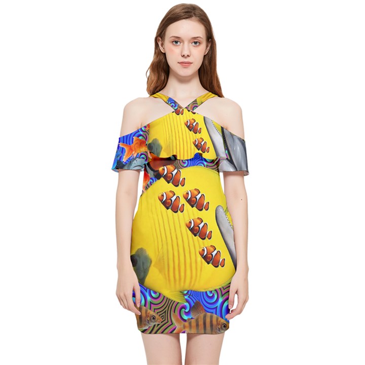 Swimming With The Fishes Shoulder Frill Bodycon Summer Dress