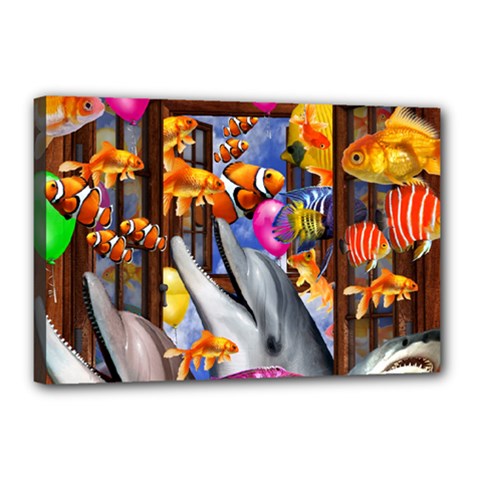 Outside The Window-swimming With Fishes Canvas 18  x 12  (Stretched)