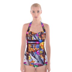 Outside The Window-swimming With Fishes Boyleg Halter Swimsuit  by impacteesstreetwearcollage