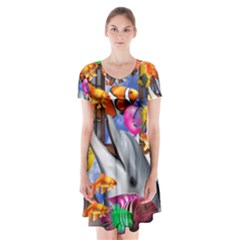 Outside The Window-swimming With Fishes Short Sleeve V-neck Flare Dress