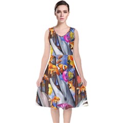 Outside The Window-swimming With Fishes V-Neck Midi Sleeveless Dress 