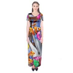 Outside The Window-swimming With Fishes Short Sleeve Maxi Dress