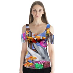 Outside The Window-swimming With Fishes Butterfly Sleeve Cutout Tee 