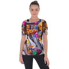 Outside The Window-swimming With Fishes Shoulder Cut Out Short Sleeve Top