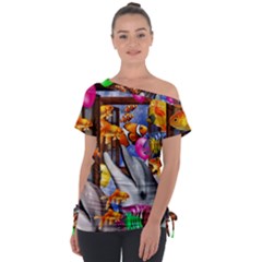 Outside The Window-swimming With Fishes Off Shoulder Tie-Up Tee